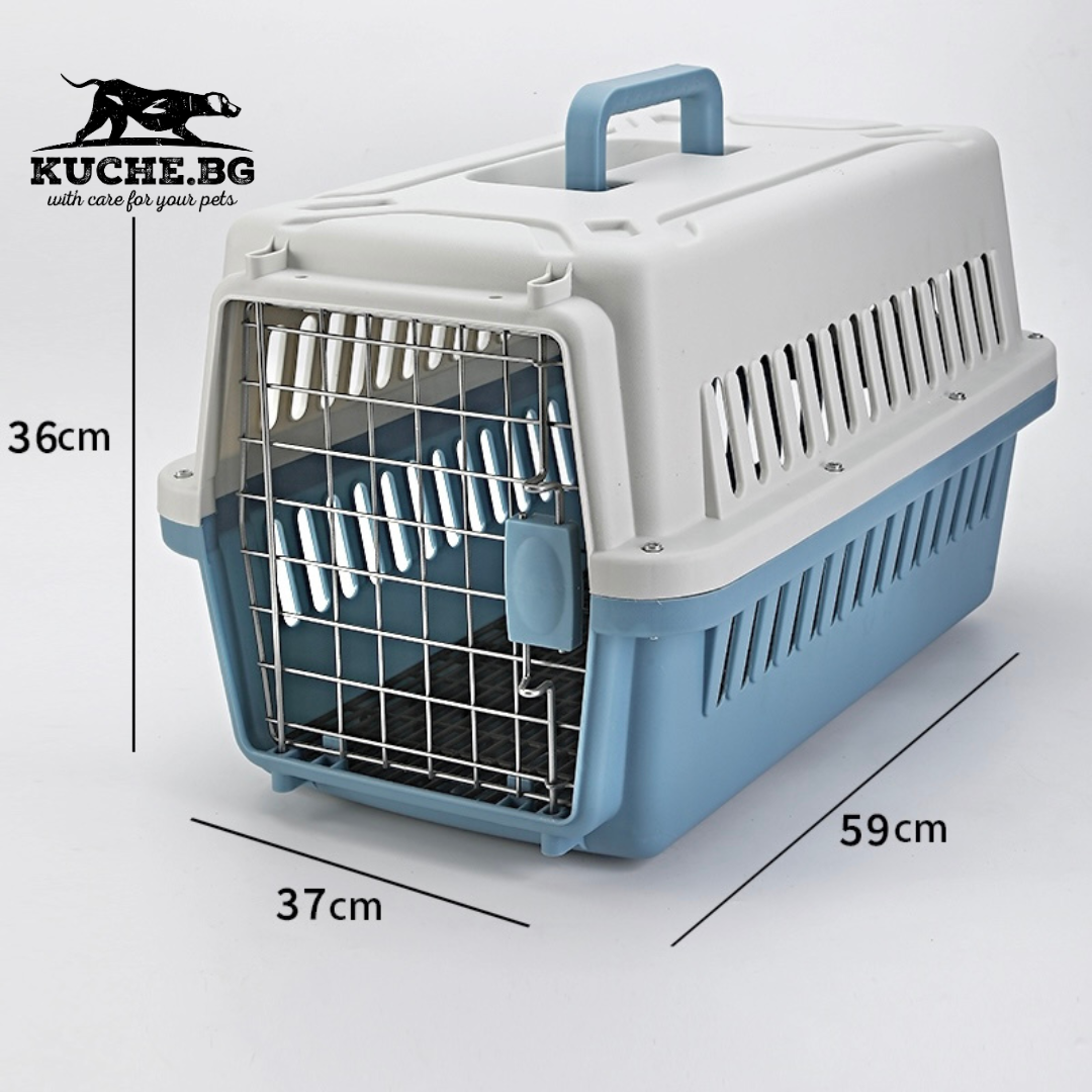 Пластмасова клетка за кучета с размери 59x37x36 см, идеална за транспорт и безопасно пътуване на домашни любимци.