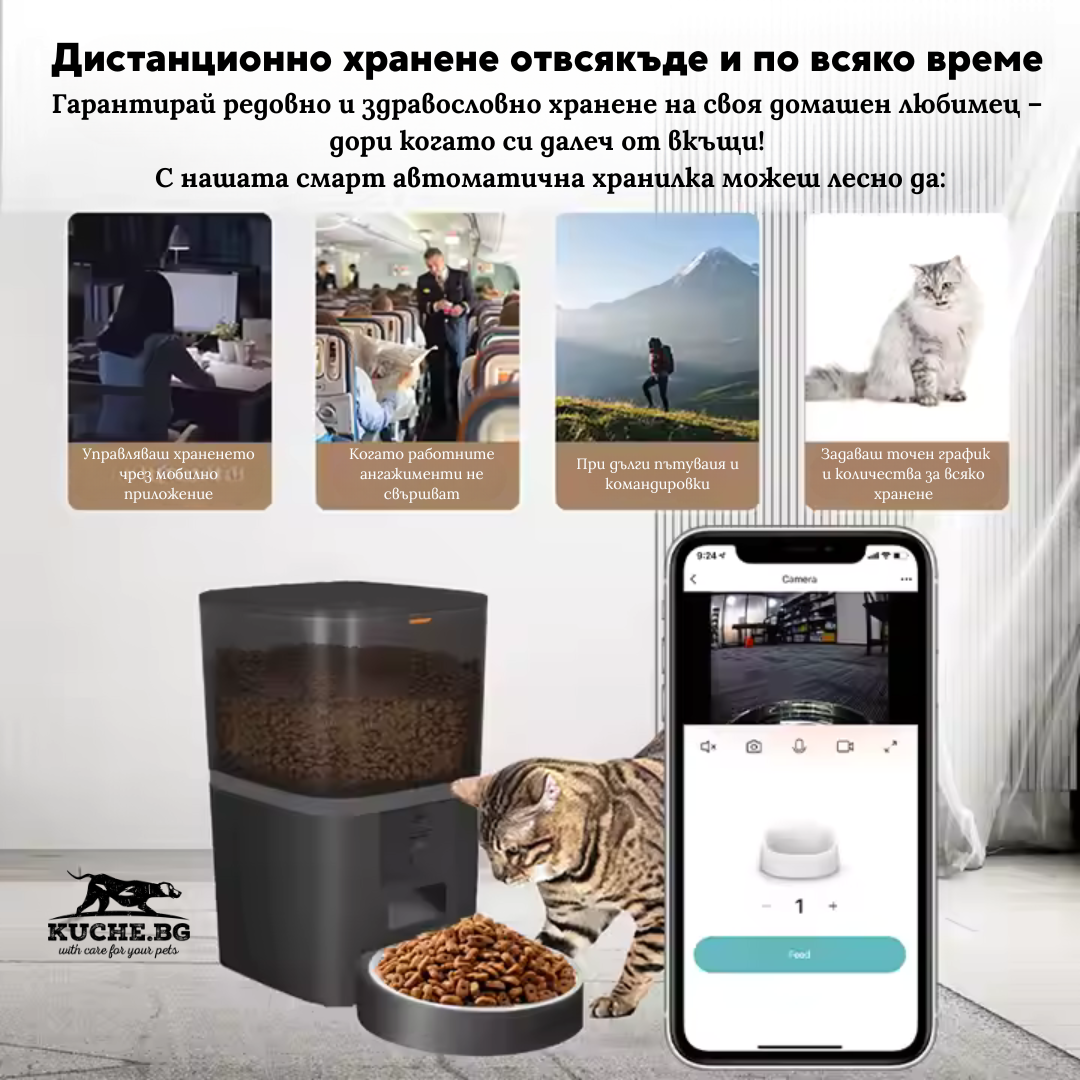 Автоматична хранилка за домашни любимци с камера, дистанционно управление и здравословно хранене.