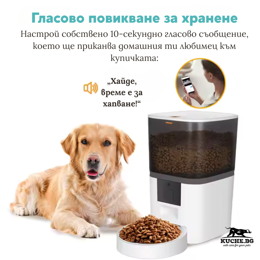 Автоматична хранилка за домашни любимци с гласово повикване и куче на преден план.