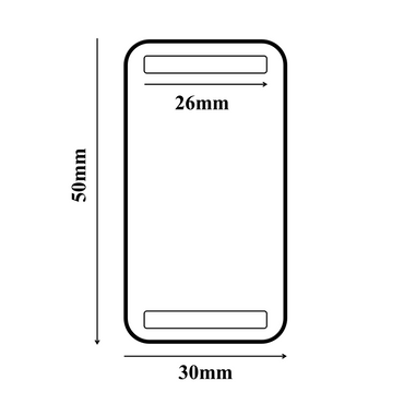Скица на правоъгълен медальон за кучета с размери 50mm x 30mm и място за гравиране на име и телефонен номер.