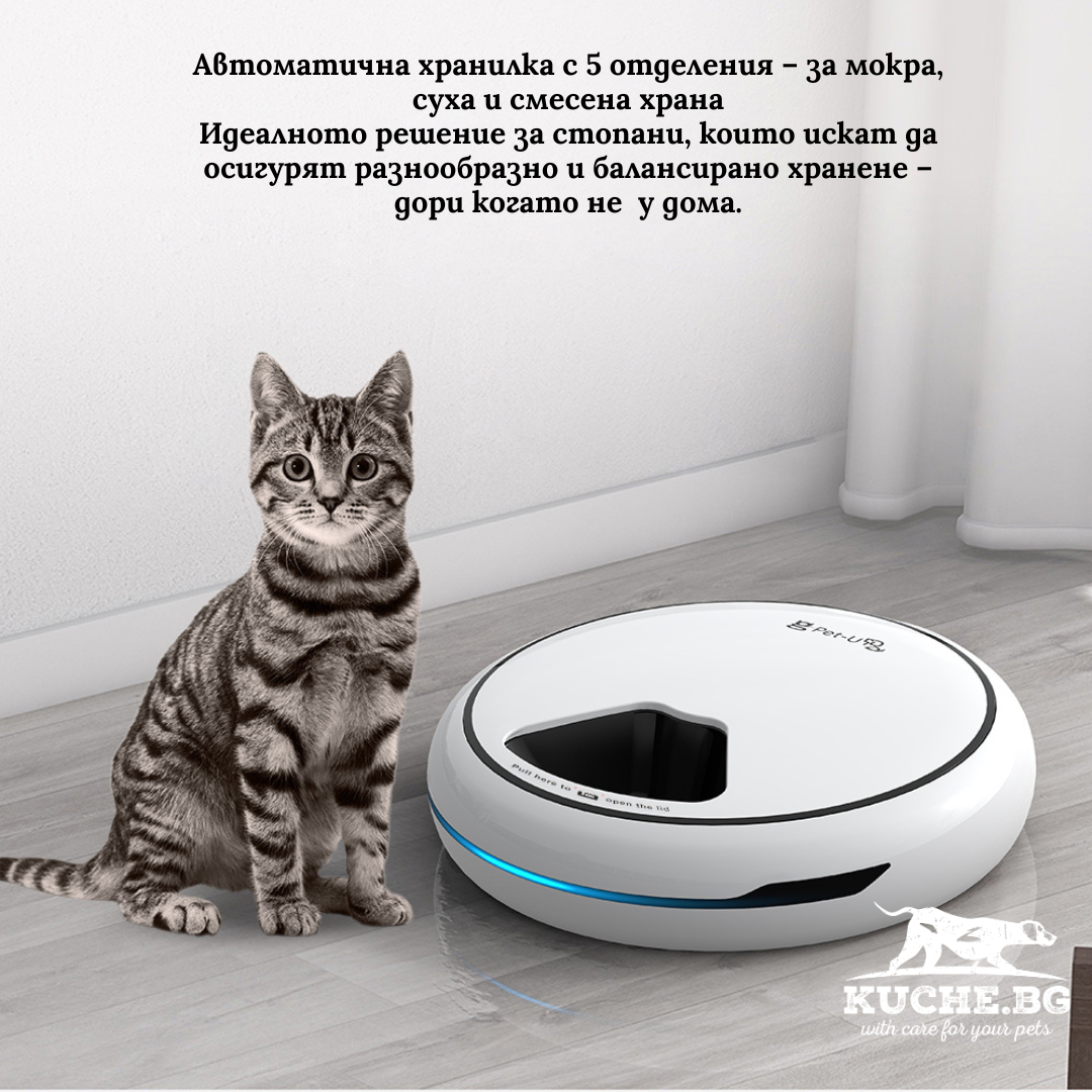 Автоматична хранилка за кучета и котки, 5 отделения, суха и мокра храна, удобно решение за всеки стопанин.