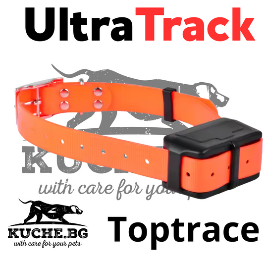 GPS тракер UltraTrack Toptrace с оранжева каишка за ловни кучета, 4G свързаност, водоустойчив.