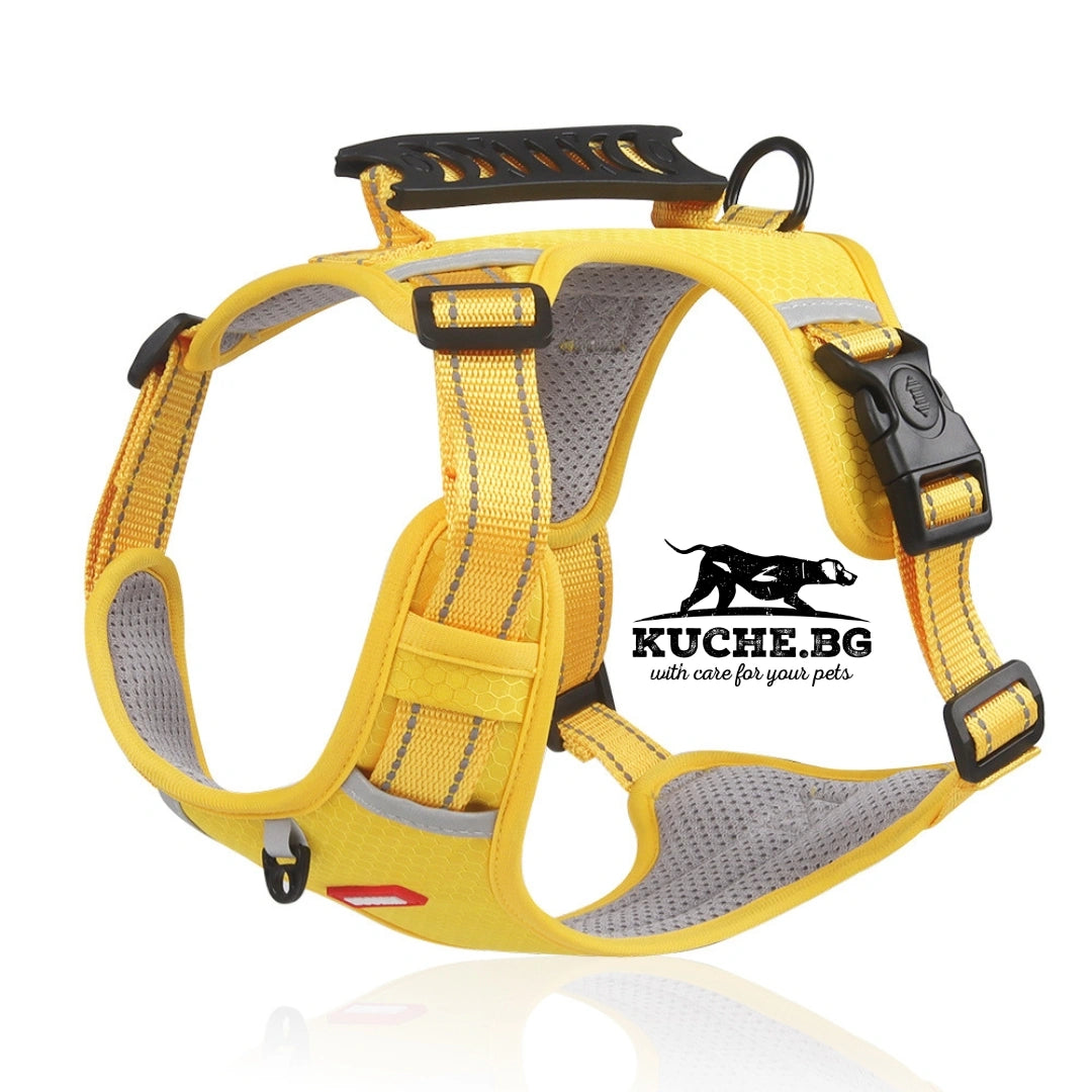 Жълт нагръдник за куче с дишаща подплата, дръжка за контрол и светлоотразителни елементи