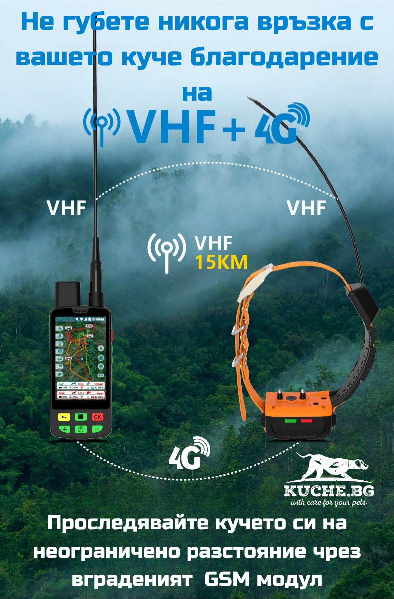 GPS устройство с VHF и 4G за проследяване на ловни кучета на дълги разстояния, с точност и надеждност.