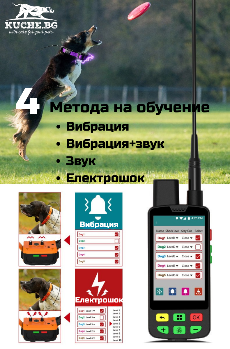 GPS устройство за обучение на кучета с 4 метода: вибрации, звук и електрошок за эффективна тренировка.