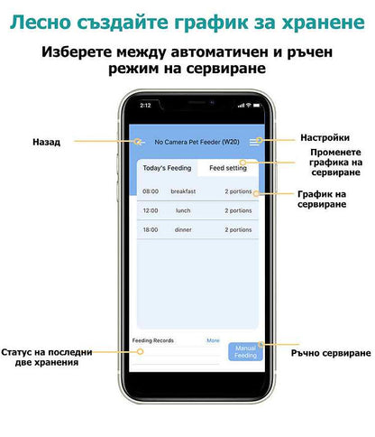 Екран на автоматична хранилка за кучета и котки с настройка за график на хранене и ръчен режим.