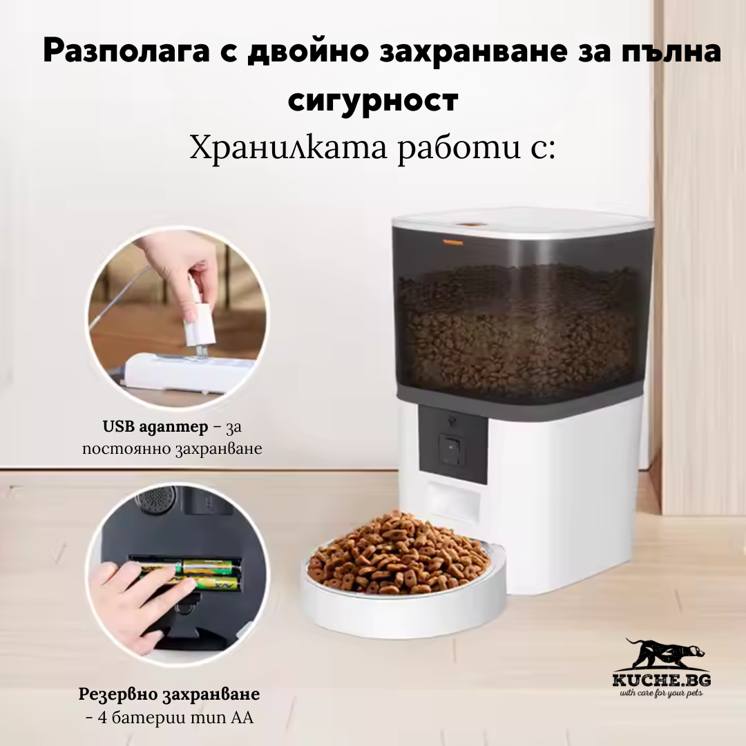 Автоматична хранилка с камера и двойно захранване за домашни любимци, USB и резервно захранване.