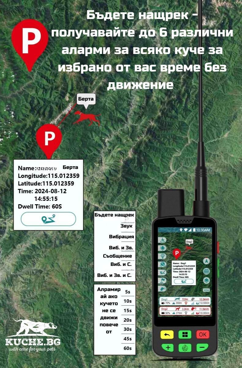 GPS устройство за ловно куче eSEEK C100/T10 с функции за проследяване и аларми за кучета.