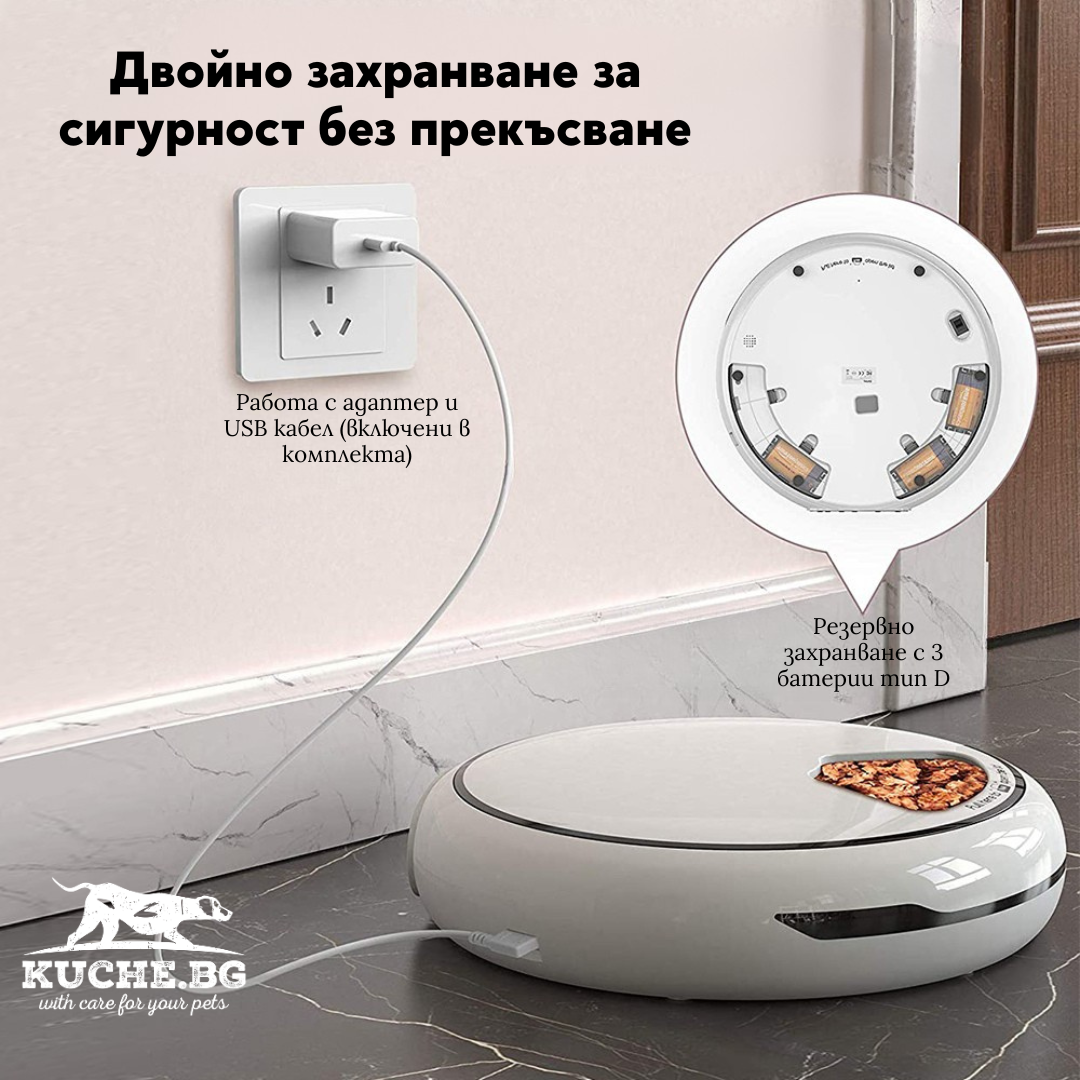 Двойно захранване на автоматична хранилка с адаптер и USB, осигуряваща сигурност при хранене на домашни любимци.