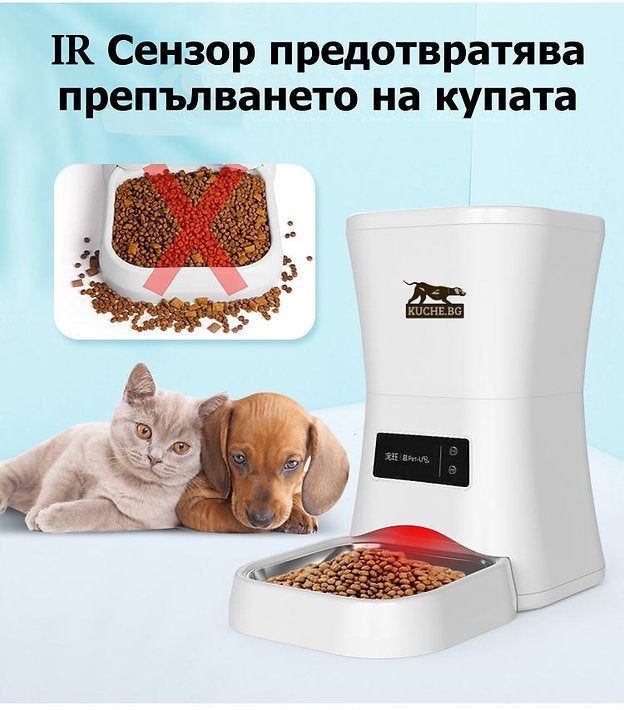 Автоматична хранилка за кучета с IR сензор, предотвратява преяждане на кучета и котки, с удобен дизайн.