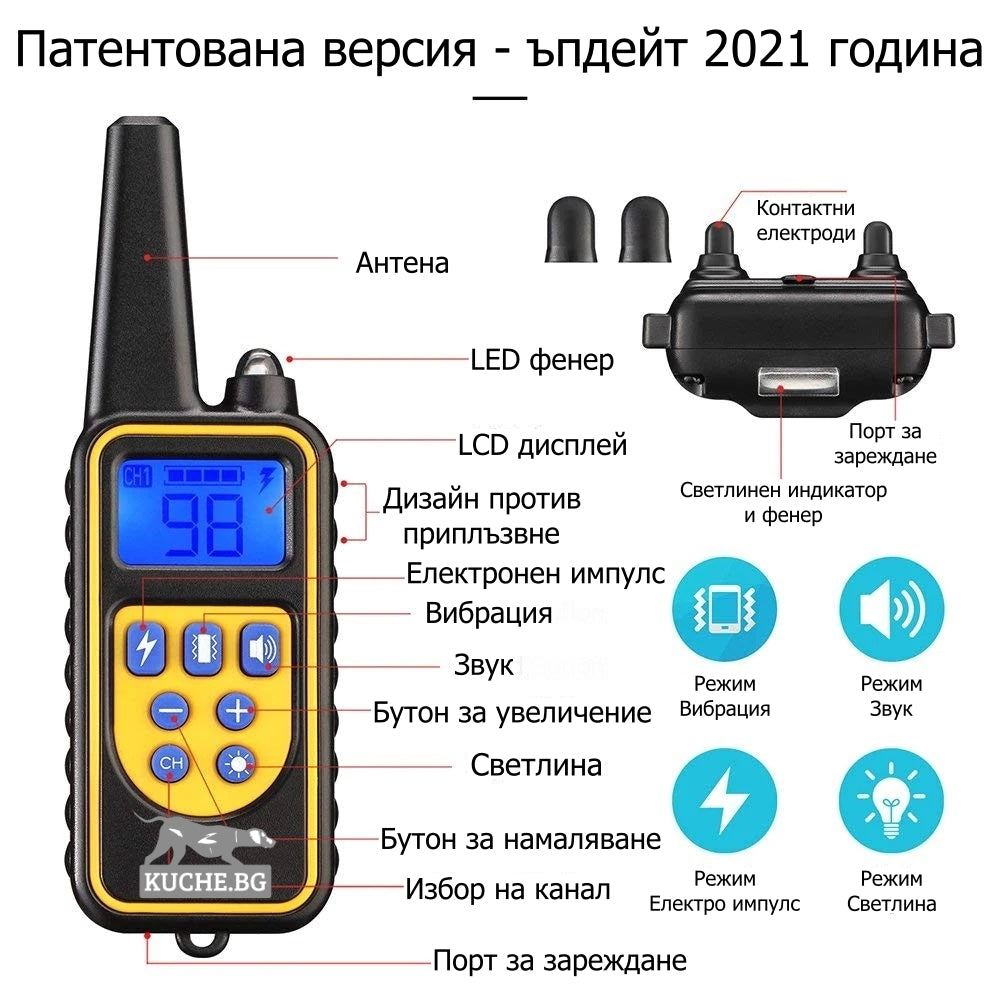 Електронен нашийник за куче Телетакт T430 с LCD дисплей, антенa, LED фенер и функции за обучение на кучета.