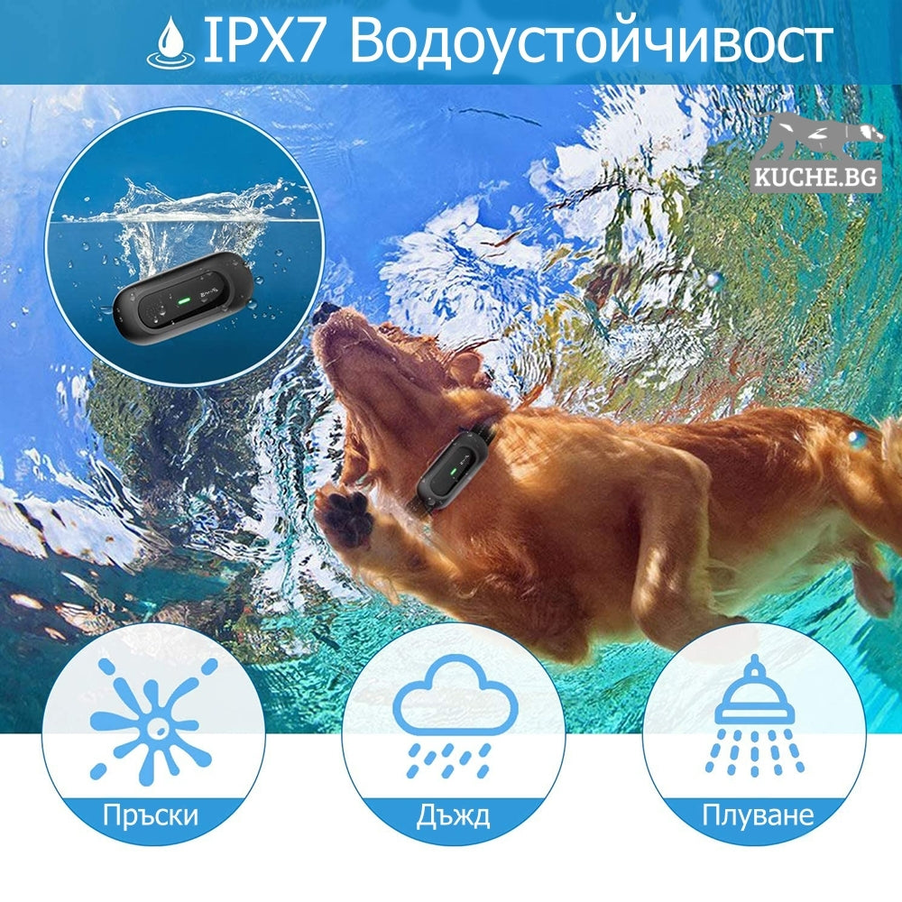 Електронен нашийник за куче TC20 с IPX7 водоустойчивост, идеален за кучета при плуване и дъжд.