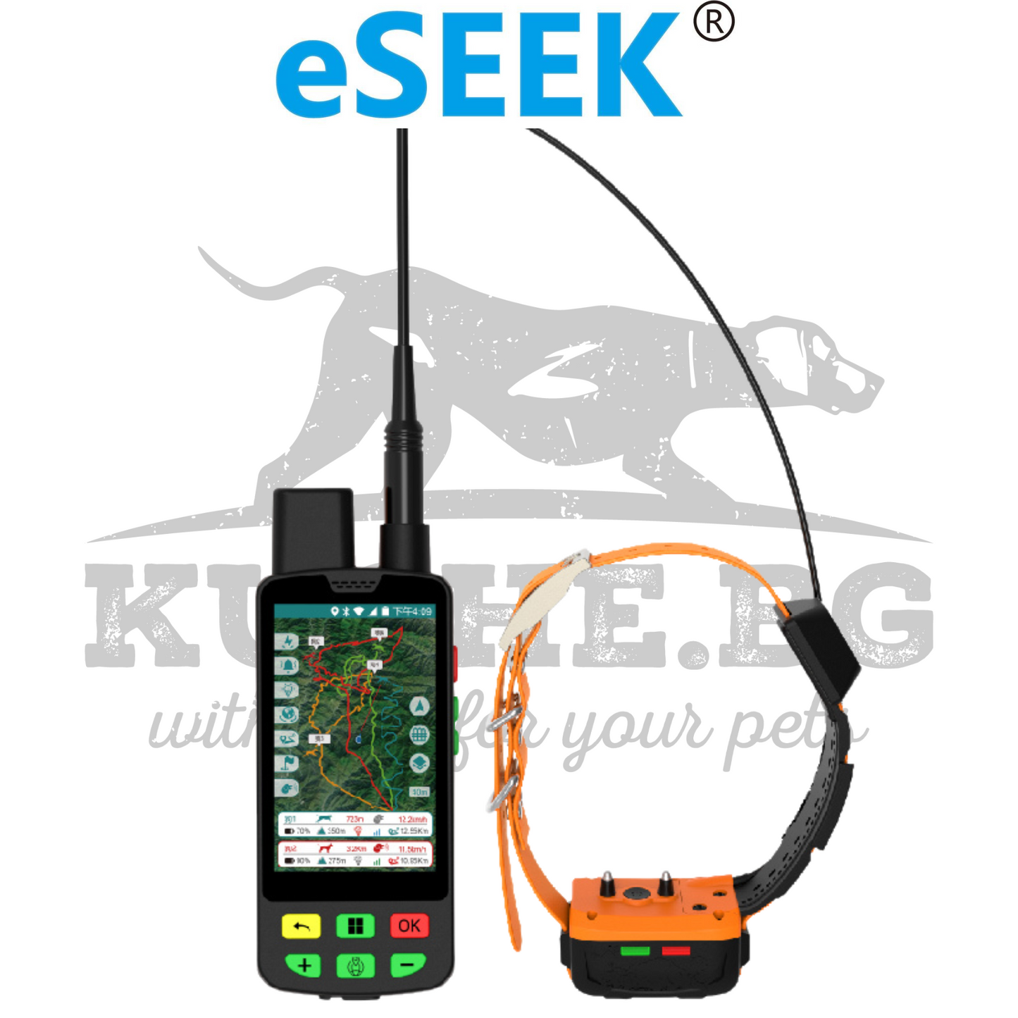 GPS за ловно куче eSEEK C100/T10 Hybrid за проследяване на ловни кучета, хибридно проследяване, висока точност, професионално ловно оборудване.