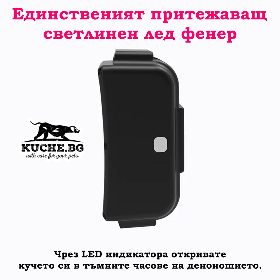 Святлен LED фенер за кучета, идеален за безопасно откриване на кучето в тъмното, притежаващ индикация за светлина.