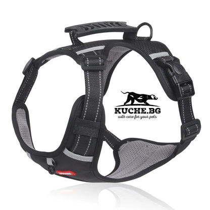 Черен нагръдник за куче с удобна дръжка, регулируеми ленти и светлоотразителни детайли