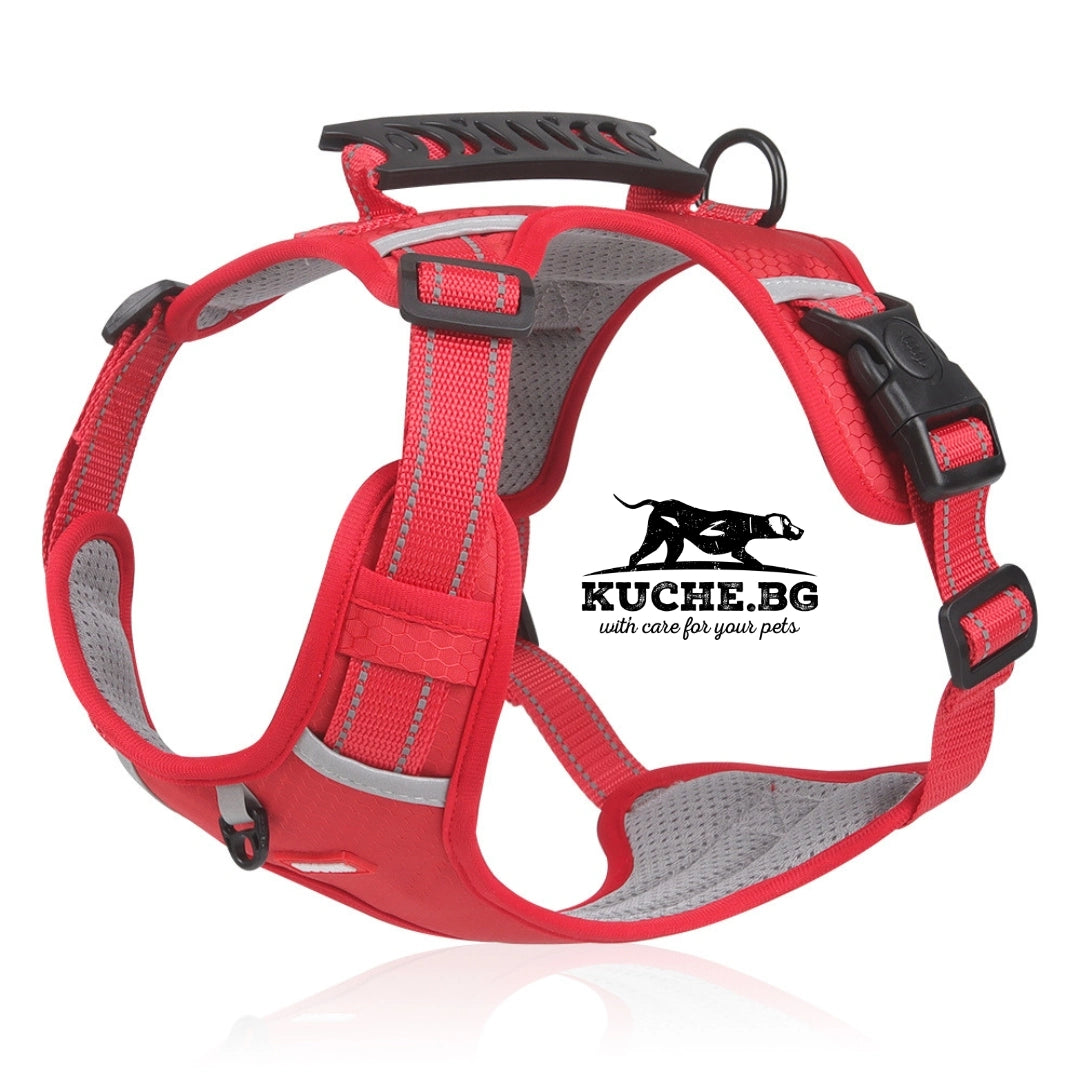 Червен нагръдник за куче с регулируеми каишки, горна дръжка и комфортна вътрешна подплата