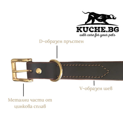 Детайли на кожен нашийник за куче с D-образен пръстен, метални части от цинкова сплав и V-образен шев