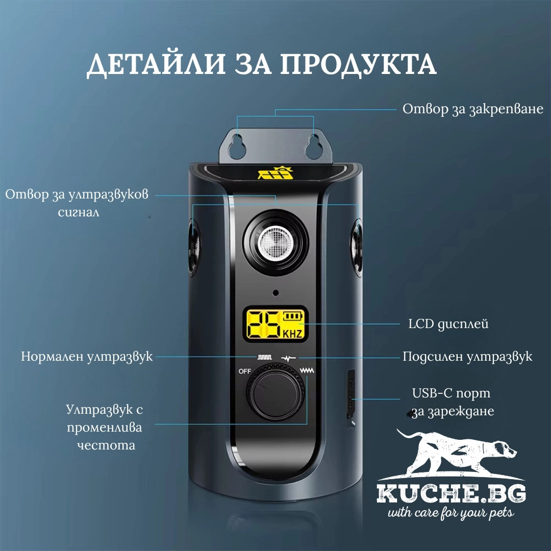 Детайли на ултразвуков антилай с LCD дисплей, USB-C порт и отвори за ултразвуков сигнал