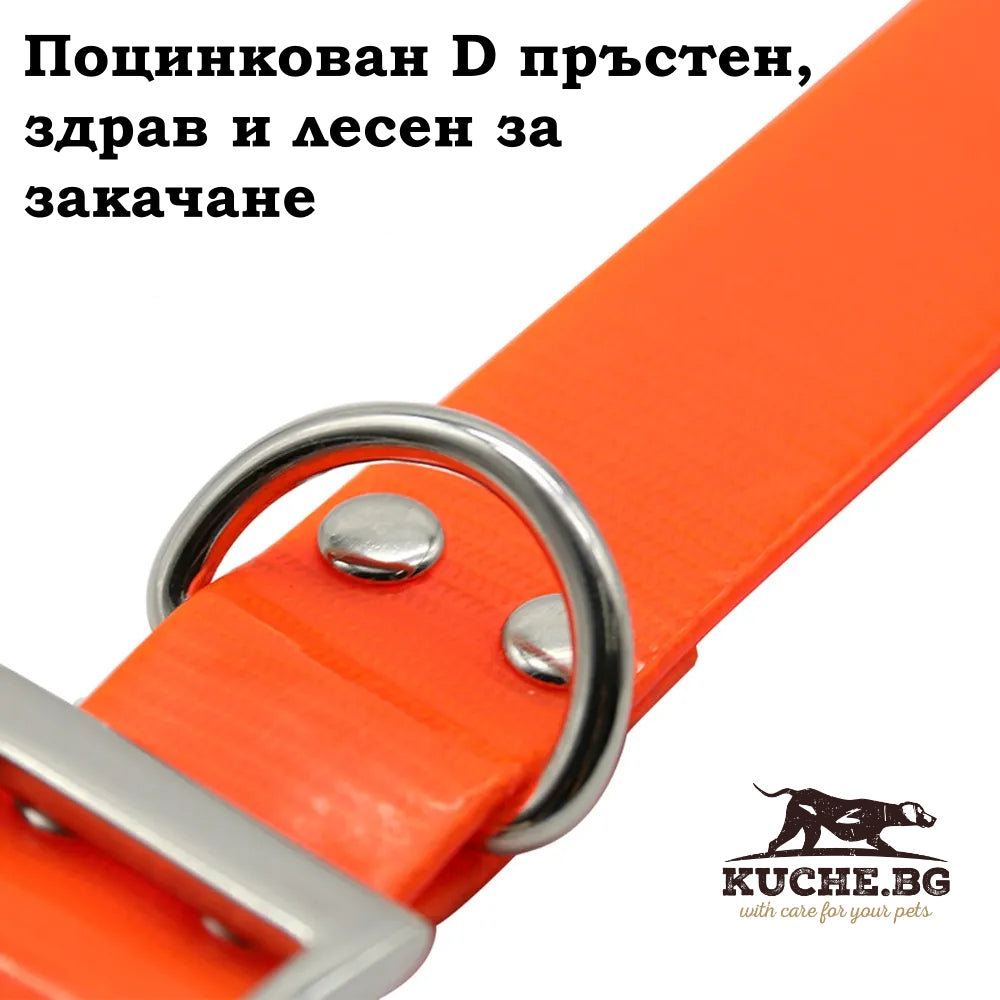 Почистван D пръстен на ярко оранжева силиконова каишка, здрав и практичен за безопасност на кучето