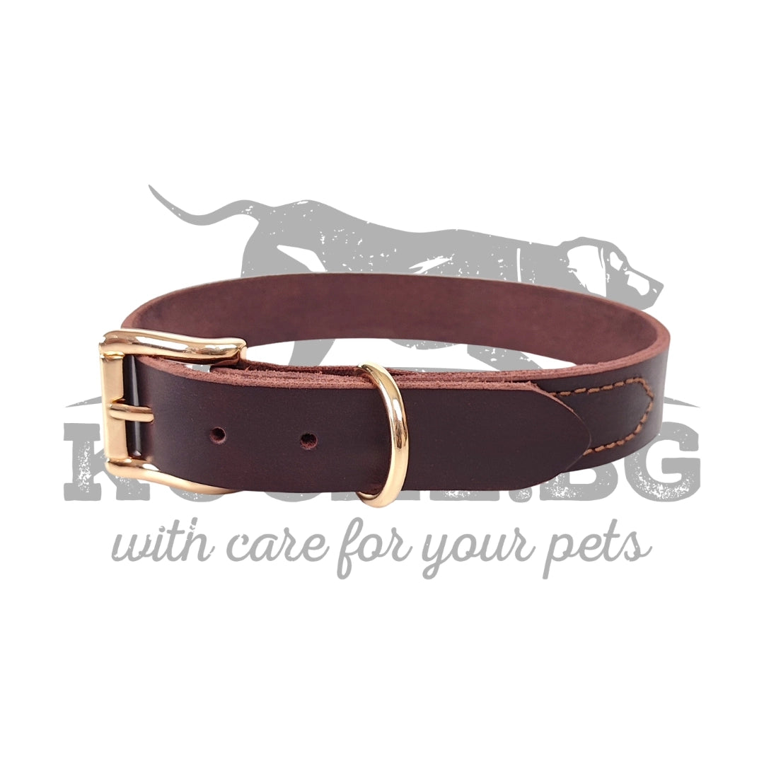 Кожен нашийник за куче от естествена кожа в кафяв цвят с метална тока и D-образен пръстен