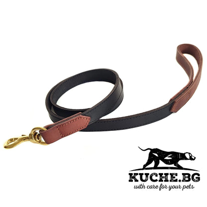 Кожен повод за куче от естествена кожа в кафяво и черно със златист карабинер и удобна дръжка