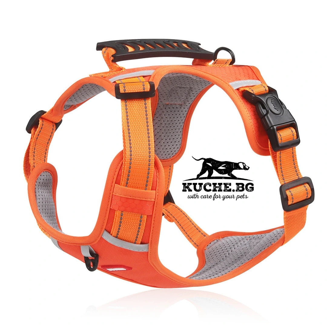 Оранжев нагръдник за куче с дишаща подплата, горна дръжка и светлоотразителни елементи