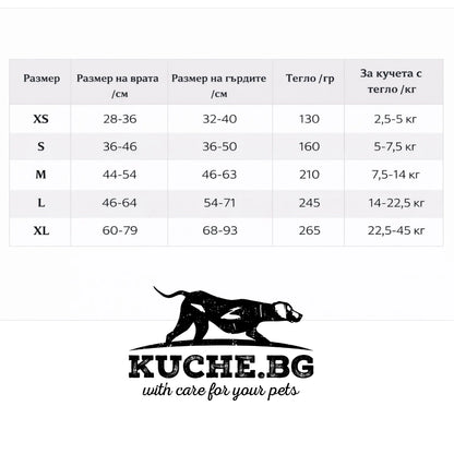 Таблица с размери на нагръдник за куче XS, S, M, L и XL според врат, гърди и тегло