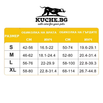 Таблица с размери на тактически нагръдник за куче според обиколка на врата и гърдите