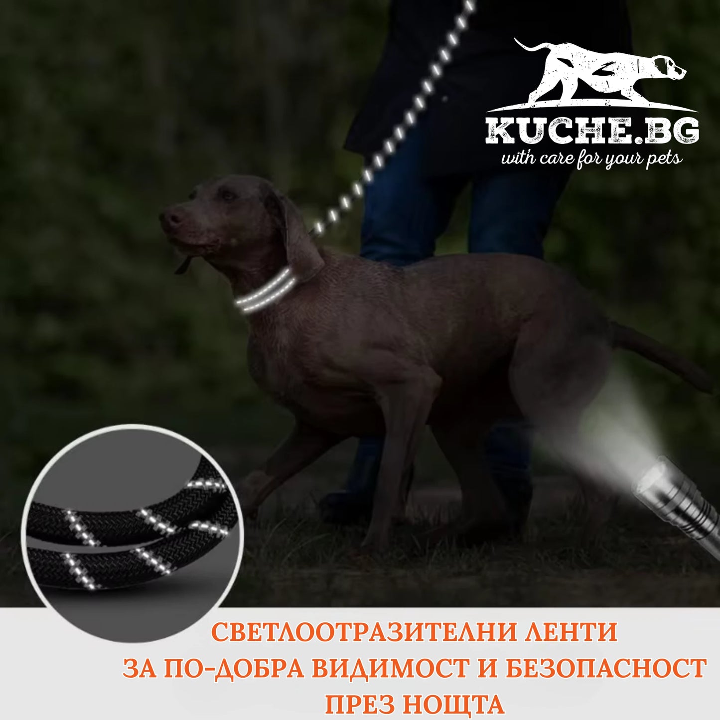 Светлоотразителен повод за куче за по-добра видимост и безопасност при нощна разходка