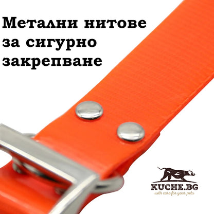 Метални нита за сигурно закрепване на ярка силиконова каишка за кучета от Kuche.bg