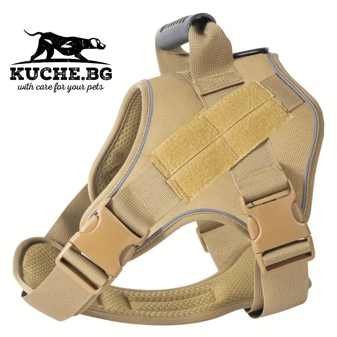 Тактически нагръдник за куче в цвят каки с удобна дръжка, регулируеми ленти и мека дишаща подплата