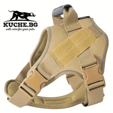 Тактически нагръдник за куче в цвят каки с удобна дръжка, регулируеми ленти и мека дишаща подплата