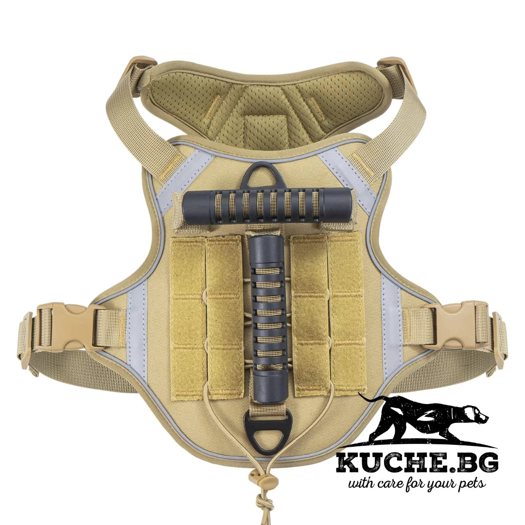 Тактически нагръдник за куче в цвят каки с горна дръжка, велкро панели и регулируеми ленти