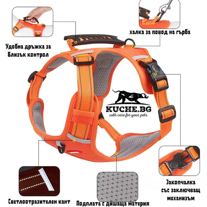 Нагръдник за куче с удобна дръжка, халка за повод, заключваща закопчалка и дишаща подплата