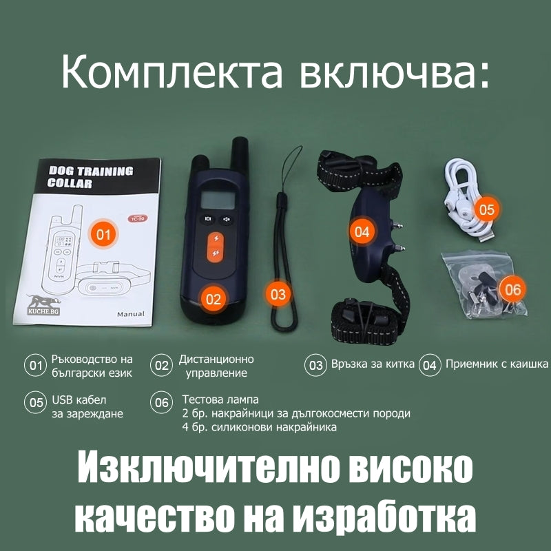 Комплект за електронен нашийник TC20: дистанционно управление, USB кабел, ръководство, тестова лампа, свързващи елементи.